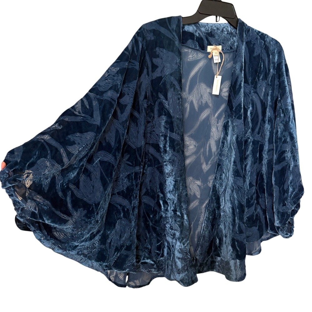 Womens One Size Kimono Navy Blue Floral Burnout Velvet Fairy Grunge Whimsigoth